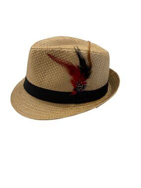 Fedora Trilby Hat - Summer Tan Straw W/ Black Band & Feather- S/M- NWT